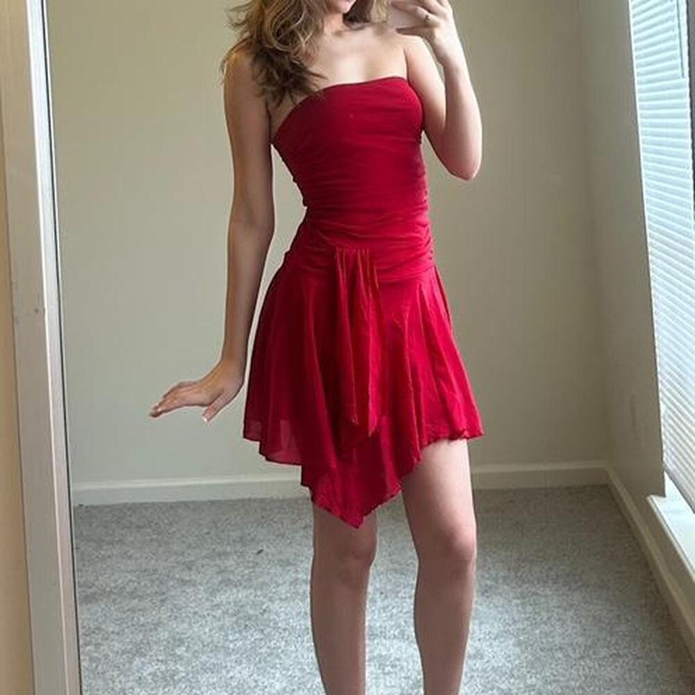 Vintage y2k red fairy mesh euro summer sleeveless asymmetrical mini dress